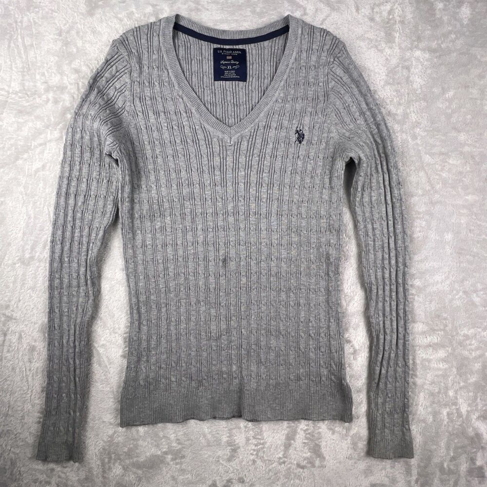 US Polo Assn. Sweater Womens XL Gray V-Neck Embroidered Logo Cable Knit Pullover